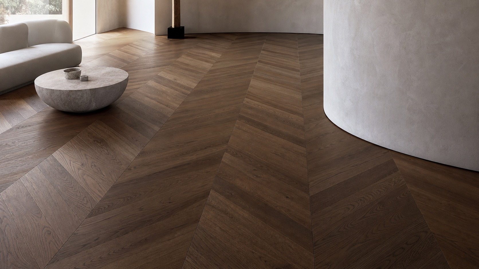 Parquet Mille390 in rovere spazzolato in un interno contemporaneo