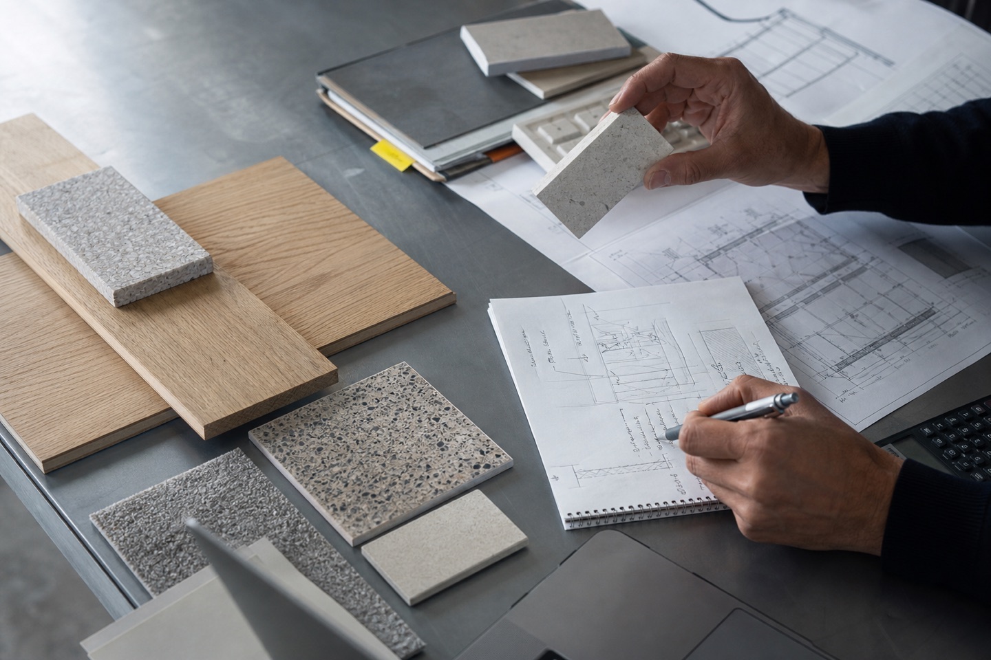 Confronto tra campioni di legno, pietra e ceramica sopra disegni tecnici