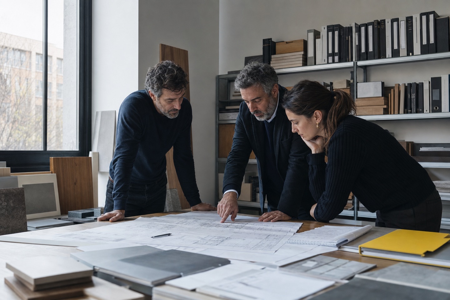 Architetto, imprenditore e interior designer discutono un progetto attorno a un tavolo